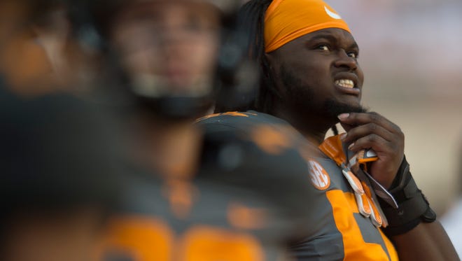 Tennessee defensive lineman Quay Picou (55) reacts to the game during the Tennessee Volunteers vs. Georgia Bulldogs game at Neyland Stadium in Knoxville, Tennessee on Saturday, September 30, 2017.