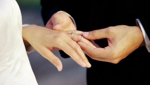 Close-up of a groom placing a ring on his bride's finger