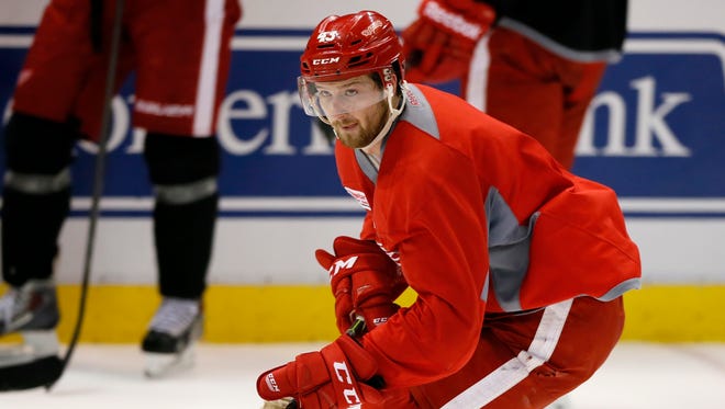 Detroit Red Wings forward Darren Helm practices for Game 3 against the Tampa Bay Lightning on Monday, April 20, 2015, in Detroit.