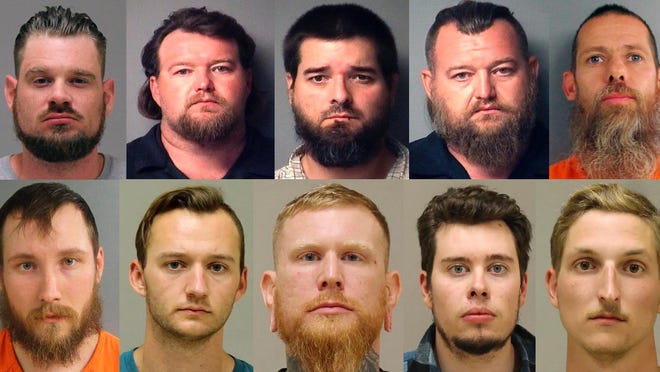 Authorities charged 13 men with plotting to kidnap Gov. Gretchen Whitmer. Ten of the 13  men are shown in this composite photo. They are, top row, left to right, Adam Fox, Michael Null, Eric Molitor, William Null, Pete Musico; bottom row, left to right, Joseph Morrison, Kaleb Franks, Brandon Caserta, Ty Garbin, Daniel Harris.