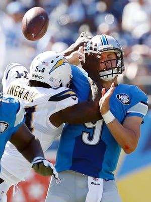 Detroit Lions quarterback Matthew Stafford (9) is hit by San Diego Chargers outside linebacker Melvin Ingram during the second half Sept. 13, 2015, in San Diego.