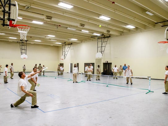 Inmates play pickleball at the Cook County Jail. Pickleball
