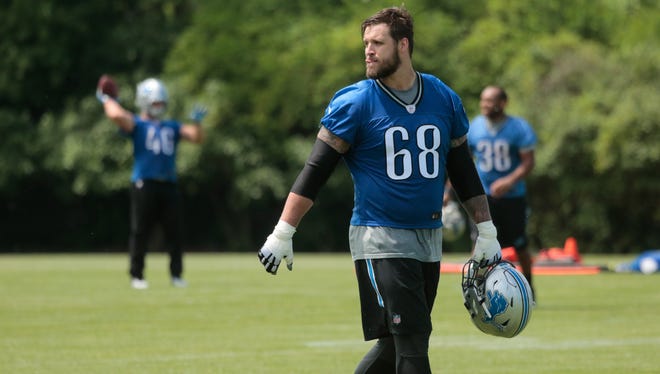 Detroit Lions tackle Taylor Decker walks off of the field after practice in Allen Park on Thursday, June 2, 2016.