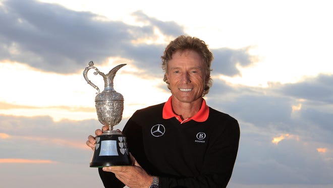 Bernhard Langer of Germany poses with the trophy after the final round of the Senior Open Championship played at Royal Porthcawl Golf Club.