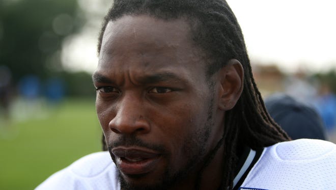 Detroit Lions cornerback Rashean Mathis talks with reporters after practice July 31, 2014, in Allen Park.