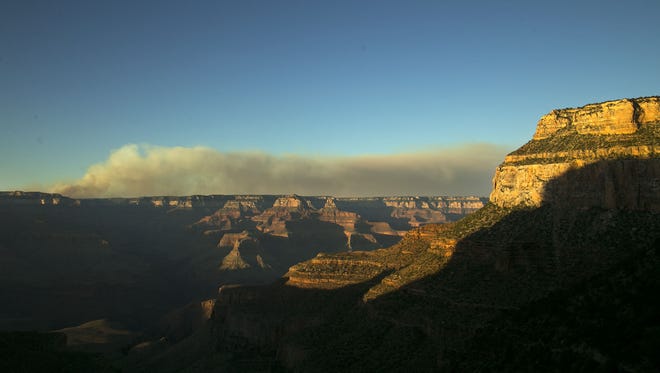 The Fuller Fire burns on the North Rim of the Grand Canyon as seen from the Bright Angel Trail below the South Rim in Grand Canyon National Park.