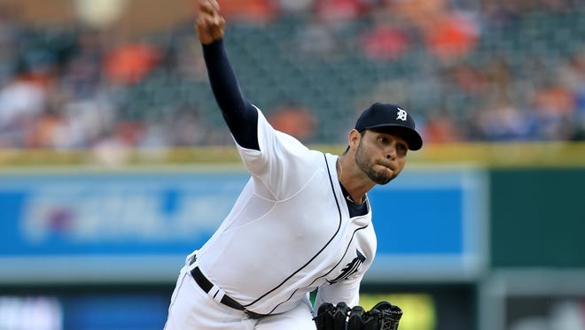 Detroit Tigers pitcher Anibal Sanchez pitches against the Chicago Cubs during first inning action on Tuesday, June 9, 2015 at Comerica park in Detroit.