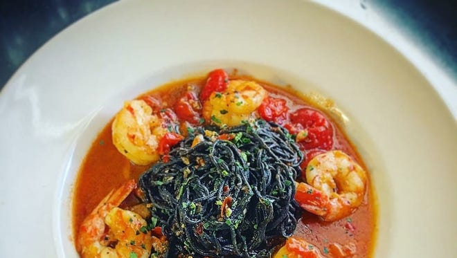 House-made squid-ink spaghetti with shrimp from McGregor Cafe in Fort Myers.