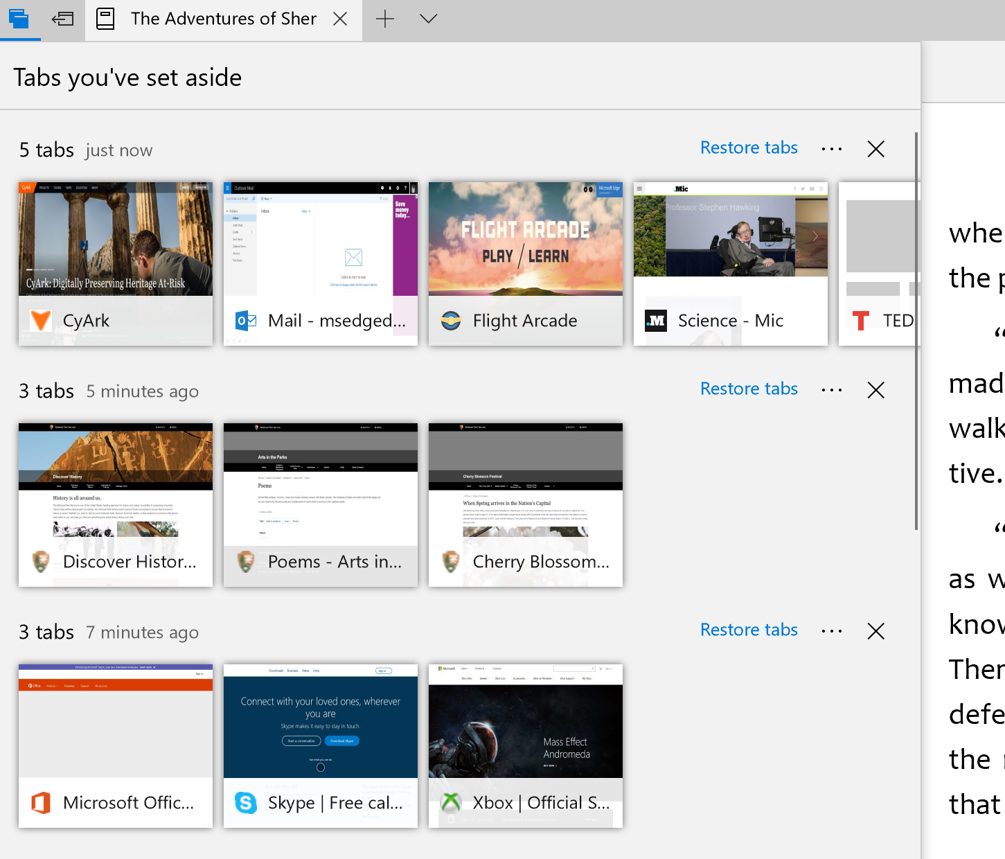 Visual thumbnails in the Edge browser.