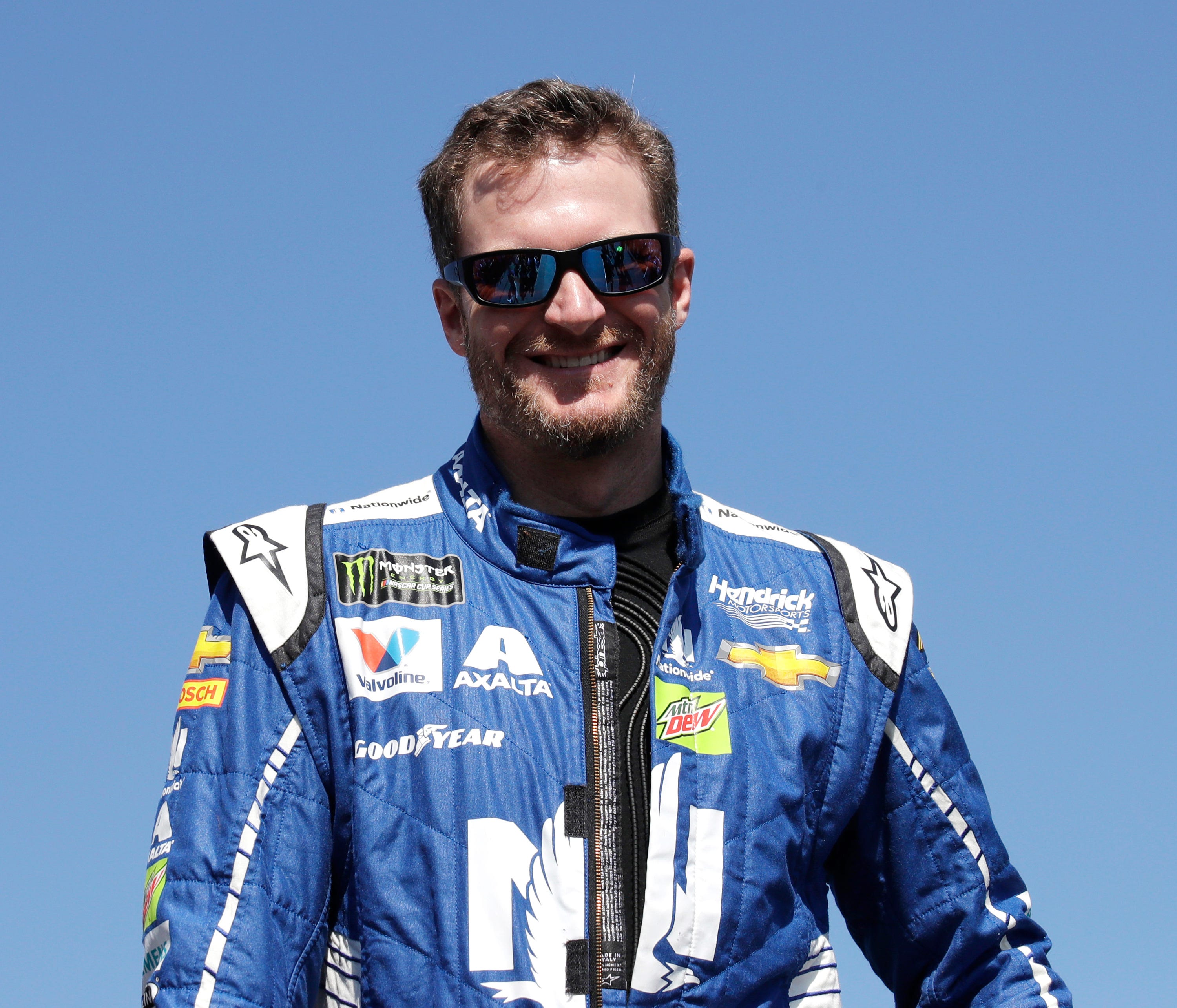 Dale Earnhardt Jr. is introduced prior to the NASCAR Cup Series 300 auto race at New Hampshire Motor Speedway in Loudon, N.H., Sunday, Sept. 24, 2017. (AP Photo/Charles Krupa)
