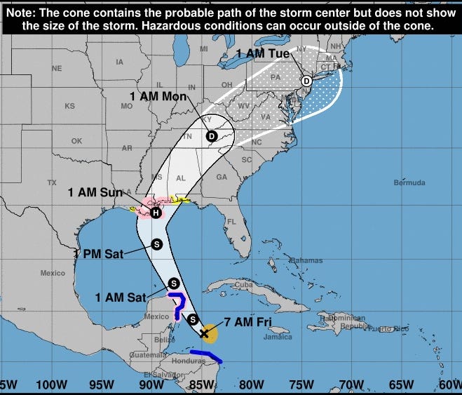 This forecast map by the National Hurricane Center showed the projected path for Tropical Storm Nate as of the morning of Friday, Oct. 6, 2017.