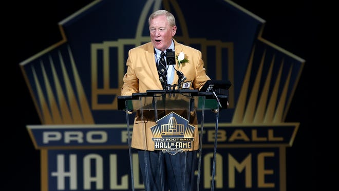 Former President and General Manager of the Indianapolis Colts Bill Polian delivers his speech during an induction ceremony at the Pro Football Hall of Fame Saturday, Aug. 8, 2015, in Canton, Ohio.  (AP Photo/Tom E. Puskar)