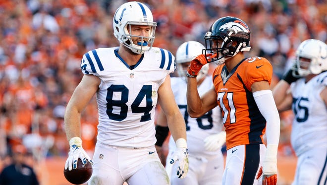 Sep 18, 2016; Denver, CO, USA; Indianapolis Colts tight end Jack Doyle (84) in the fourth quarter against the Denver Broncos at Sports Authority Field at Mile High. Mandatory Credit: Isaiah J. Downing-USA TODAY Sports