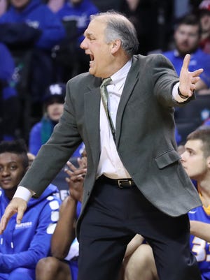 Hofstra Pride head coach Joe Mihalich reacts during the first half against the Kentucky Wildcats at Barclays Center.