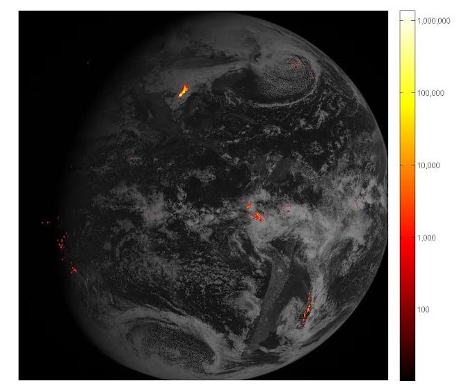 Lightning strikes (yellow and red flashes) over the course of one hour on Feb. 14, 2017, are seen in this image of the Earth taken from the Geostationary Lightning Mapper instrument aboard the GOES-R satellite.  The brightest storm system is located 