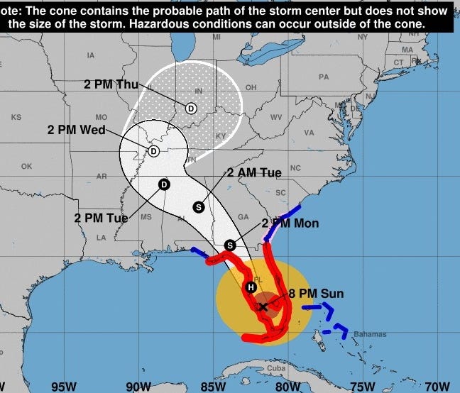 This map provided by the National Hurricane Center shows the projected track of Hurricane Irma as of midday on Sunday, Sept. 10, 2017.
