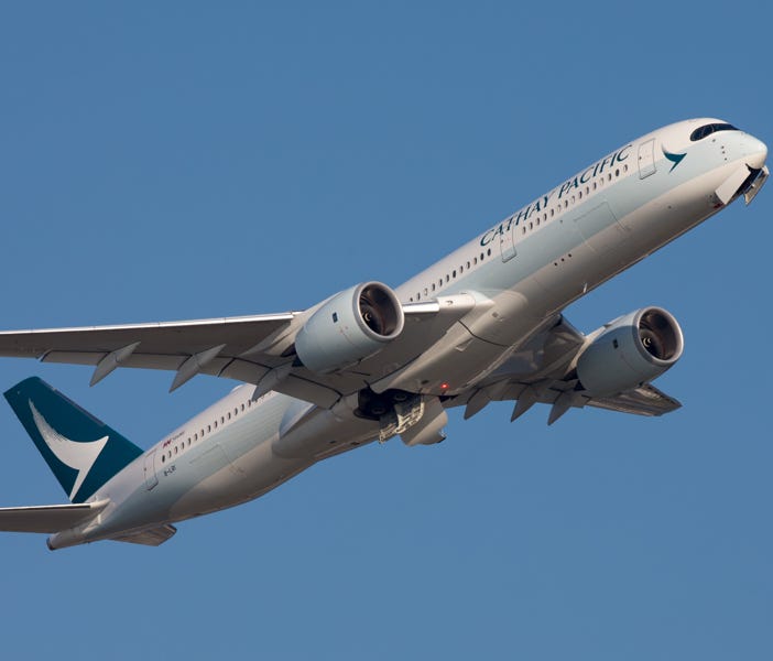 A Cathay Pacific Airbus A350 takes off from Hong Kong in August 2017.