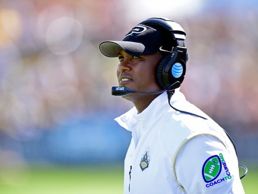 Sep 27, 2014; West Lafayette, IN, USA; Purdue Boilermakers head coach Darrell Hazell looks at the field after a play during the second half of the game at Ross Ade Stadium. The Iowa Hawkeyes beat the Purdue Boilermakers 24 to 10. Mandatory Credit: Marc Lebryk-USA TODAY Sports