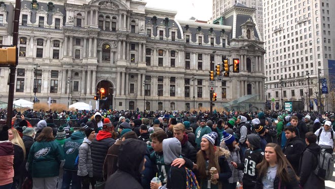 Dilworth Park in Philadelphia is filled with Eagles fans.