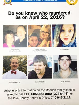 provided, The Enquirer/Carrie CochranA reward poster for the Pike County homicides April 22, 2016. Top, from left, Dana and Chris Rhoden Sr., Frankie Rhoden and Hannah “Hazel” Gilley, Hannah Rhoden and bottom, from left, Chris Rhoden Jr., Kenneth Rhoden and Gary Rhoden. Wednesday, March 22, 2017: A reward poster for the Pike County homicides April 22, 2016. (Top, from left) Dana and Chris Rhoden Sr., Frankie Rhoden and Hannah "Hazel" Gilley, Hannah Rhoden, (bottom, from left) Chris Rhoden Jr., Kenneth Rhoden and Gary Rhoden.