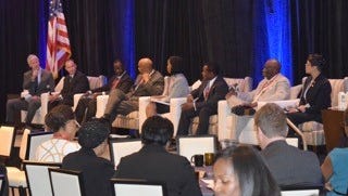 The panel of police officials at the Bridge Summit, which addressed the issue of police and community relations.