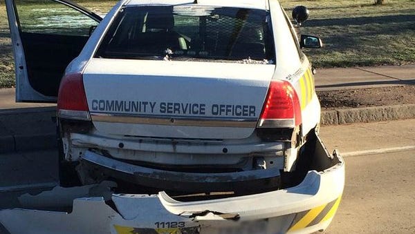 A Fort Collins Police Services  car lost its bumper Sunday morning after it was rear-ended while the officer driving the car was responding to another crash.