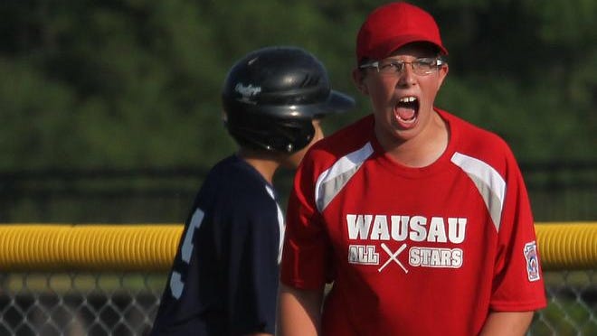 First baseman Jake Thome reacts after his Wausau American All Stars turned a 5-4-3 double play in their 14-4 win over Wausau National All Stars in a district tournament elimination game at Doepke Park in Rib Mountaiin Thursday