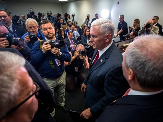 Pence leaves a press availability after speaking about