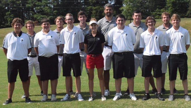 Union County Golf, front row, left to right: Avery Welden, Sam Brown, Kaleb Nelson, Sarah Hagedorn, Christian Cambron, Lane Straub, Ethan Wallace. Second row, left to right: Hanner Cardwell, Lane Welden, Aiden Cassidy, Coach Jeremy Curtis, Jakob Spear, and Chris Hagedorn.