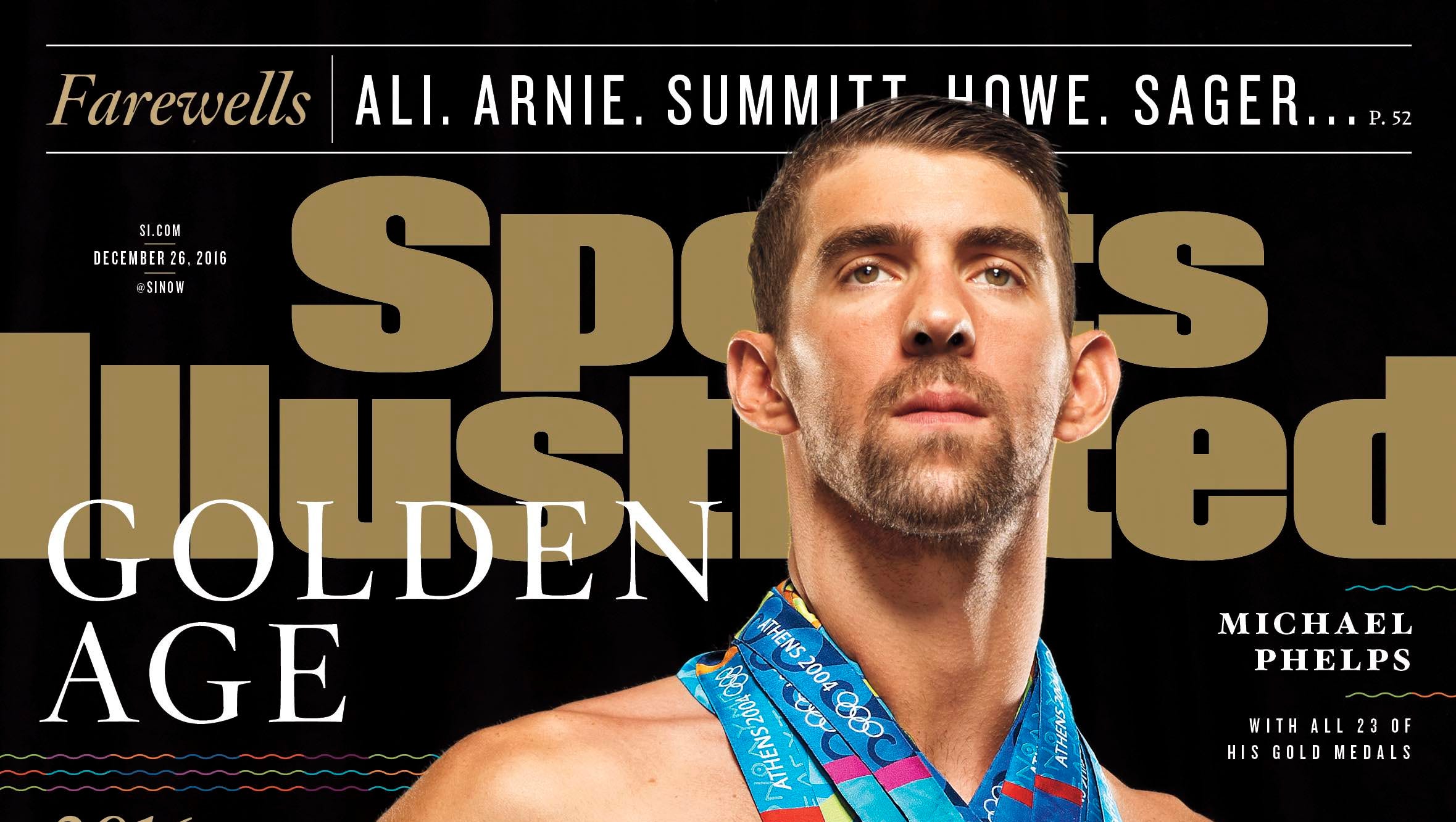 Michael Phelps poses for Sports Illustrated cover with all of his gold