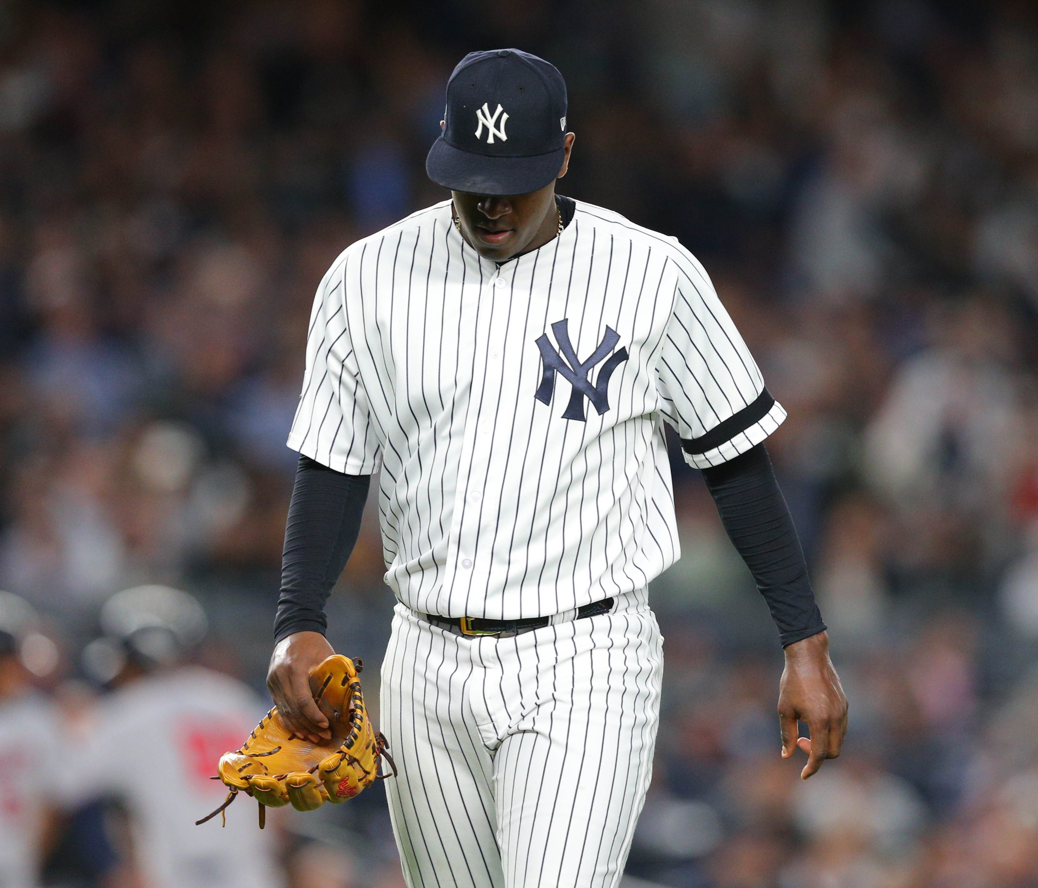 Luis Severino heads to the dugout after he was removed in the first inning.