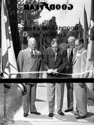 Col. Roane Waring (Second Left), president of the Memphis Chamber of Commerce, cut the ribbon in June 1953 to officially open the Goodyear Tire and Rubber Co. district office and warehouse at 2070 South Third Street.  Participating in the formal opening were E.J. Thomas (Left), company president; R.S. Wilson (Second Right), vice president in charge of sales and William A. Lovett Jr. (Right), district manager.