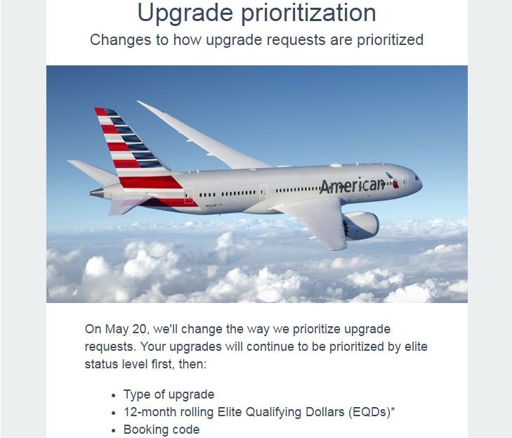American Airlines sent this update to elite frequent-flier members on Tuesday, May 16, 2017.