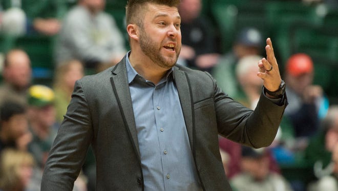 CSU interim coach Jase Herl disputes a call from an official during a game against New Mexico at Moby Arena on Wednesday, February 28, 2018 in Fort Collins, Colorado. 