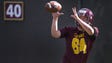 ASU's Riley John catches the ball during practice,