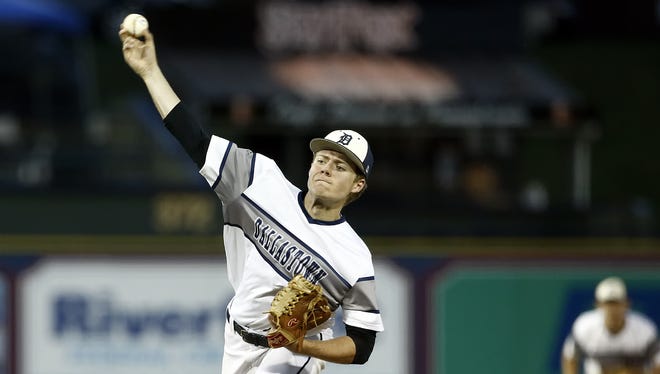 Dallastown pitcher Alex Weakland (14) delivers during the fifth inning against Governor Mifflin during District 3 Class 6A championship game this season. Dallastown won, 11-1.