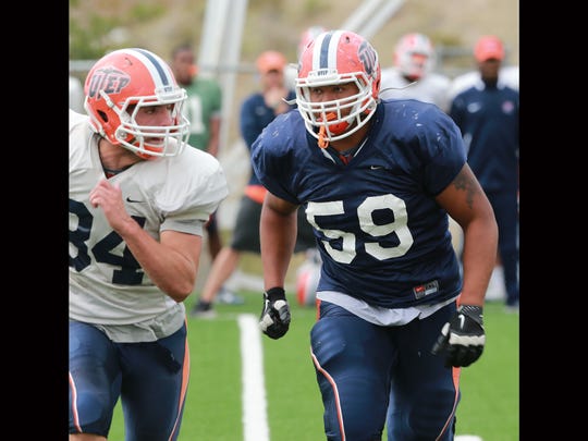 UTEP offensive lineman Greg Long, who is an Eastwood graduate, is back practicing with the team during spring practice after missing all of last season with an injury.