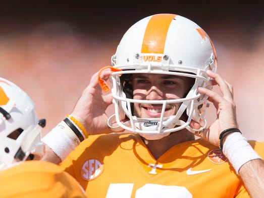 Tennessee quarterback Quinten Dormady (12) smiles during