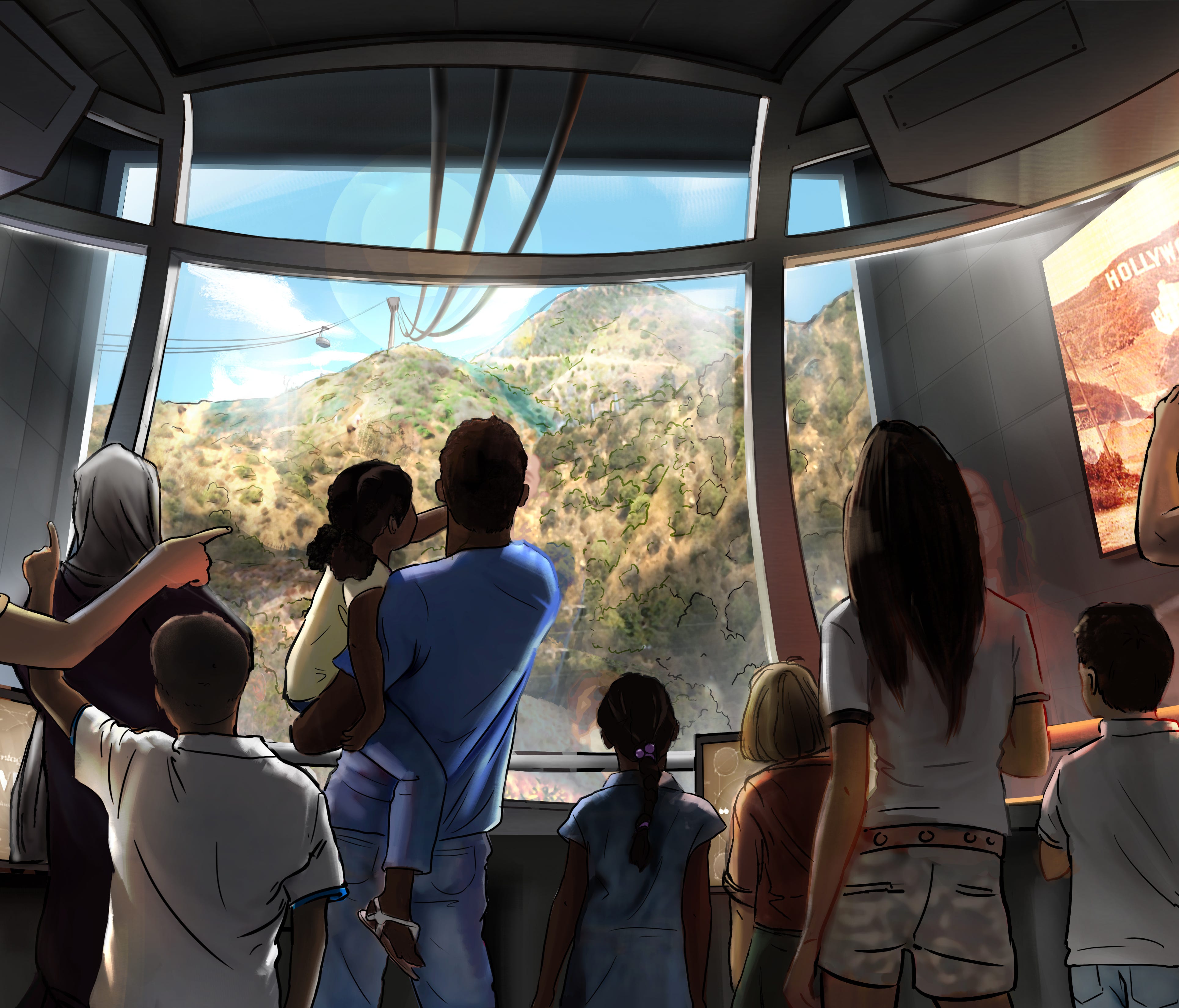Artist rendering of the proposed tram from the Warner Bros. studio lot to a new Hollywood Sign viewing area