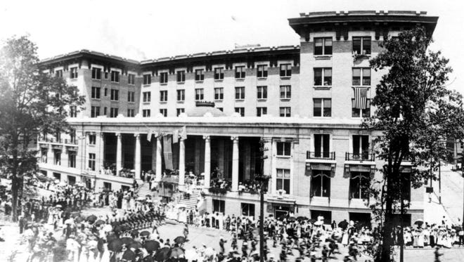 The Hotel Bentley, shown during a July 4 parade in 1909, was completed in 1908, the last year the Chicago Cubs had won the World Series.