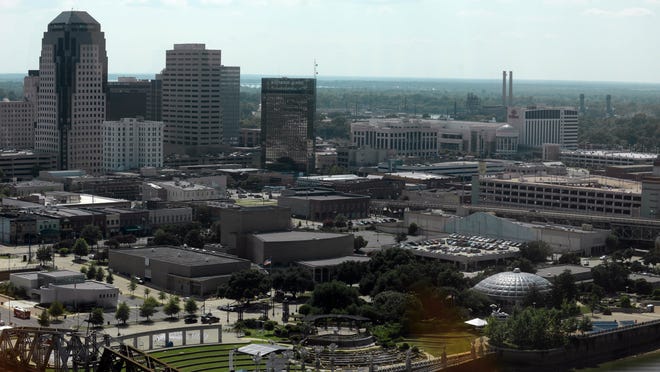 Shreveport skyline with a view of the Barnwell Center and riverfront from Horseshoe Hotel and Casino in Bossier City.
