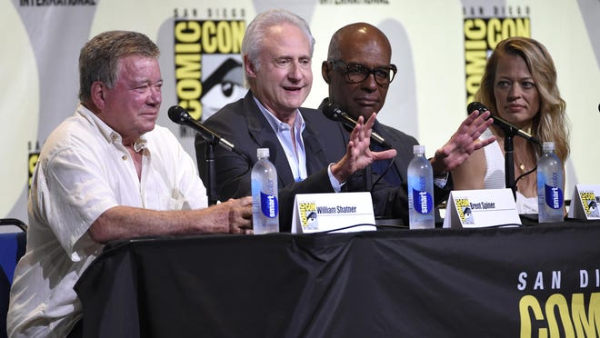 William Shatner, from left, Brent Spiner, Michael Dorn, and Jeri Ryan attend the "Star Trek" panel on day 3 of Comic-Con International on Saturday, July 23, 2016, in San Diego.