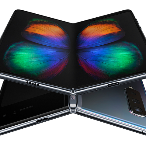Two Galaxy Fold devices folded at an angle