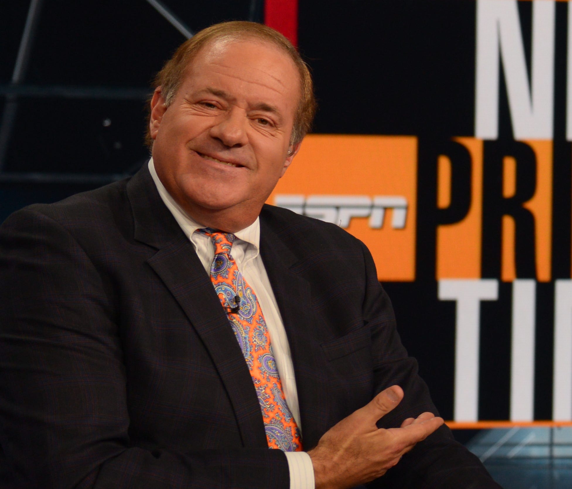 Chris Berman (left) hangs out in the ESPN studio in Bristol, Conn., with Tom Jackson in 2016.