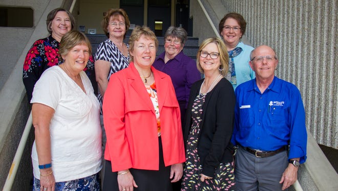 Moraine Park Technical College recently recognized its retirees and long-serving staff members. Shown here with President Bonnie Baerwald (front row, second from left) are individuals who have retired from the college following the 2015-16 academic year. Pictured are, front row, from left: Dyan Hannam, Baerwald, Deb Hurlbert, Tom Eilbes; back row, from left: Kathy Hass, Nancy Barnes, Bonnie Bosin and Sigrid Nanna.