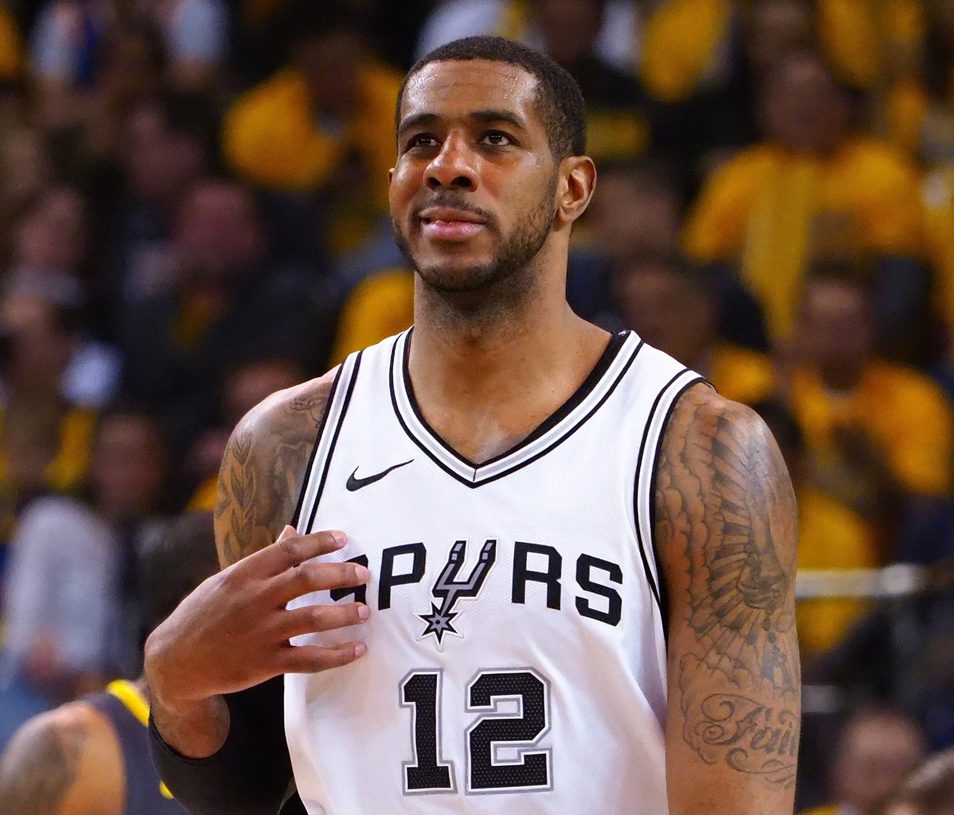 LaMarcus Aldridge reacts during the Spurs' Game 2 loss to the Warriors.