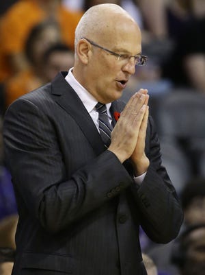 Phoenix Suns head coach Jay Triano reacts during their loss to the Miami Heat in the second half on Nov. 8, 2017 at Taking Stick Resort Arena in Phoenix, Ariz.