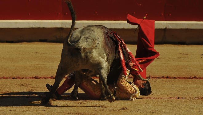 Spanish bull fighter, Francisco Marco, is gored by a bull from the Jose Escolar Gil ranch in the bullring during the the San Fermin Festival, in Pamplona, northern Spain, Saturday, July 9, 2016. Revelers from around the world flock to Pamplona every year to take part in the eight days of the running of the bulls.