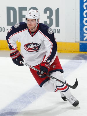 Columbus Blue Jackets defenseman Kevin Connauton (4) skates prior to an NHL hockey game against the Florida Panthers, Sunday, Dec. 27, 2015, in Sunrise, Fla.