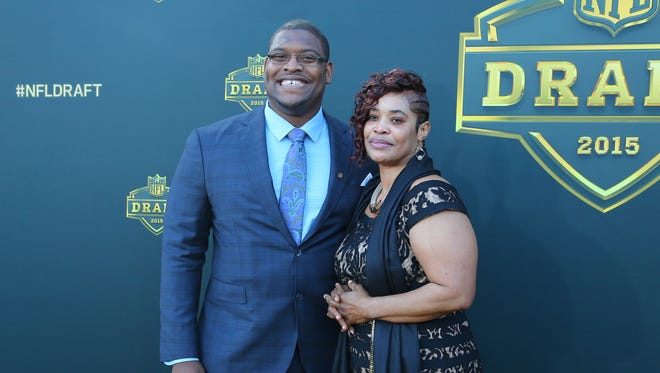 Laken Tomlinson (Duke) and Audrey Wilson arrive on the gold carpet before the first round of the 2015 NFL Draft at the Auditorium Theatre of Roosevelt University.